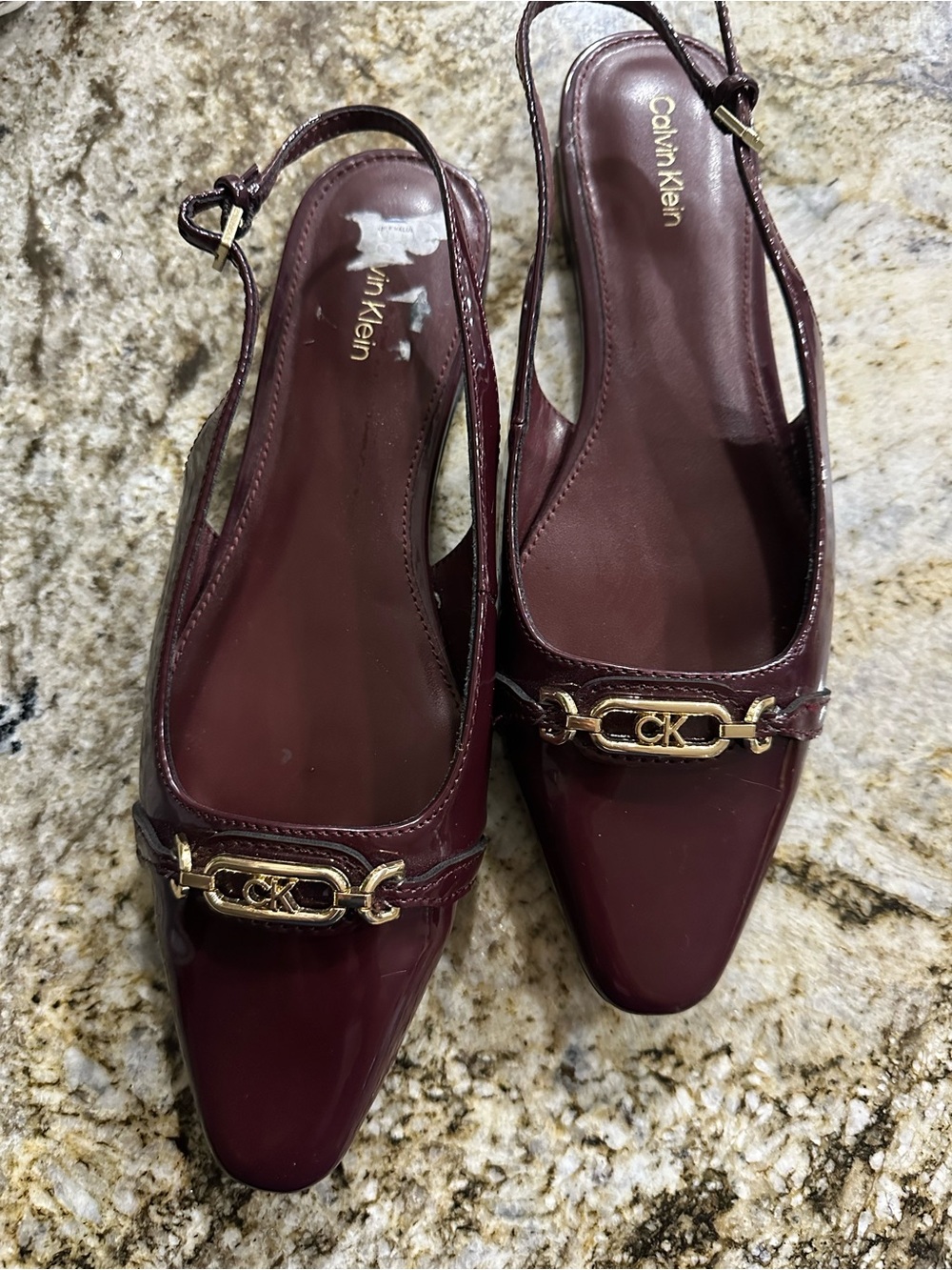 Calvin Klein Women's Burgundy Patent Slingback Flats with Gold CK Accent